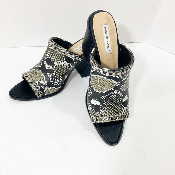 Snake embossed peep toe mules, womens 7.5 python pattern chain trim chunky heels - Picture 4 of 11